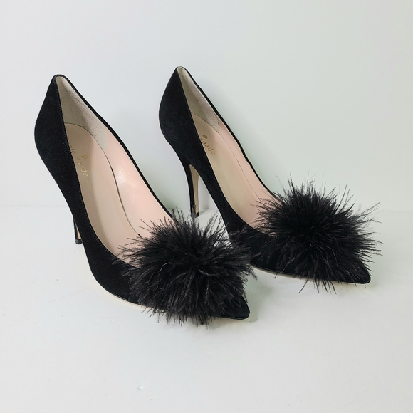 Kate Spade New York Black Marabou Suede Feather Pom Pumps - Picture 3 of 11
